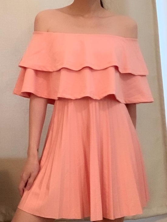 ASOS Dresses & Skirts - ASOS Coral Pink Off the Shoulder Ruffle Pleated Mini Dress